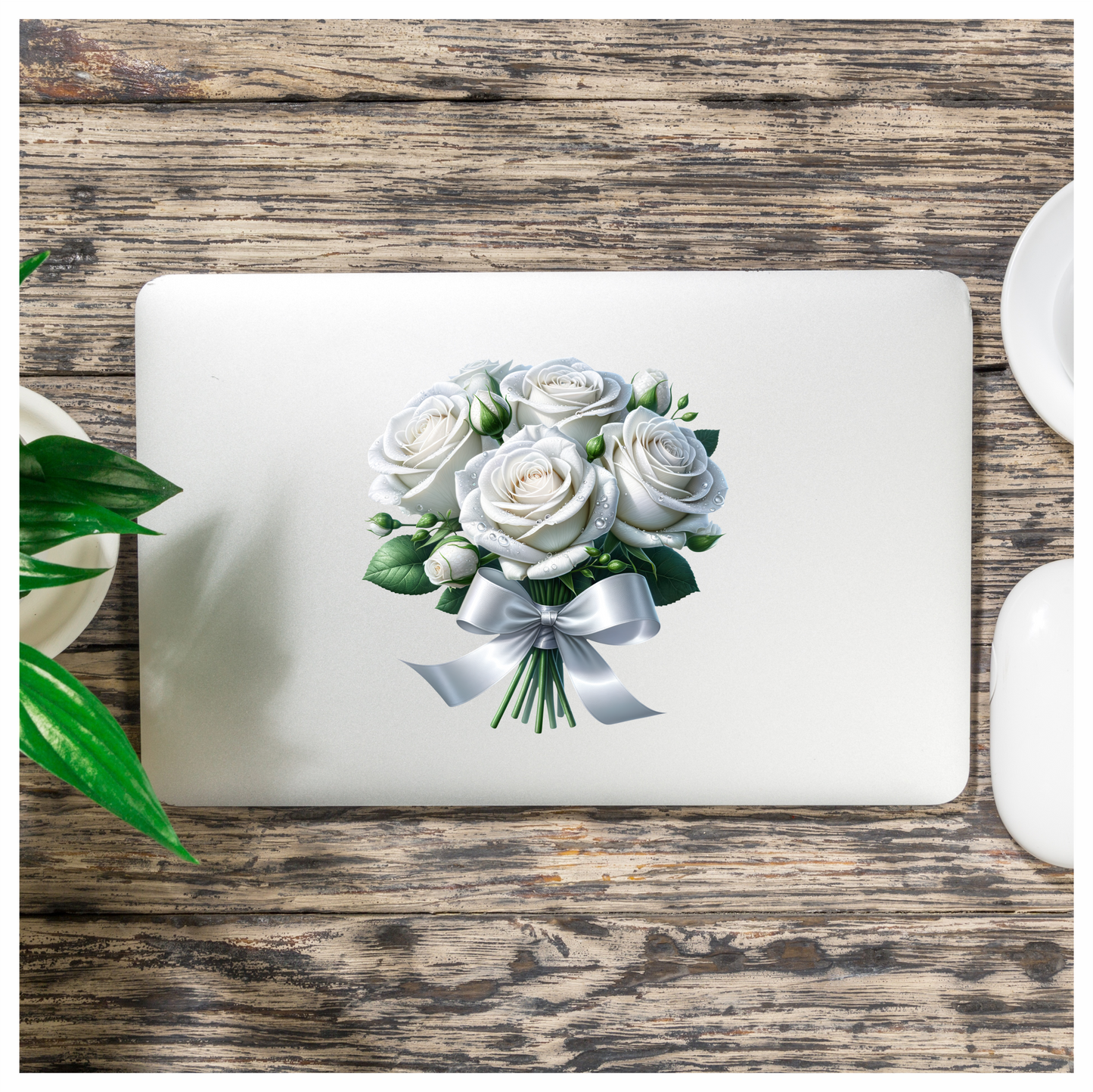 White Roses Bouquet Ribbon Elegant Vinyl Sticker Decal