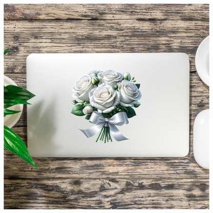 White Roses Bouquet Ribbon Elegant Vinyl Sticker Decal