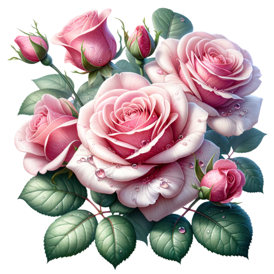 Pink Roses Green Leaves Water Drops Vinyl Sticker Decal