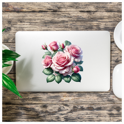 Pink Roses Green Leaves Water Drops Vinyl Sticker Decal