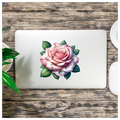Pink Rose Green Leaves Water Drops Vinyl Sticker Decal
