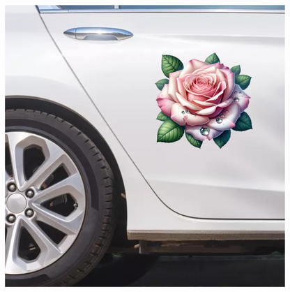 Pink Rose Green Leaves Water Drops Vinyl Sticker Decal