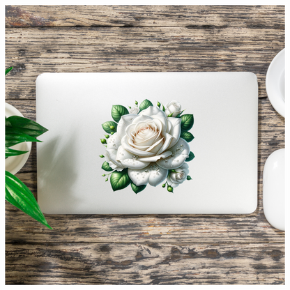 White Rose Green Leaves Water Drops Vinyl Sticker Decal