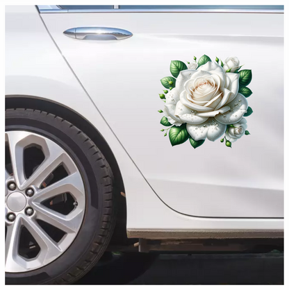 White Rose Green Leaves Water Drops Vinyl Sticker Decal
