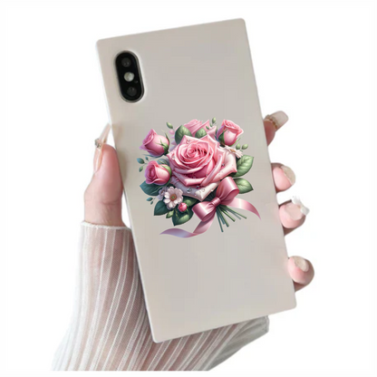 Pink Roses Flowers Leaves Ribbon Vinyl Sticker Decal