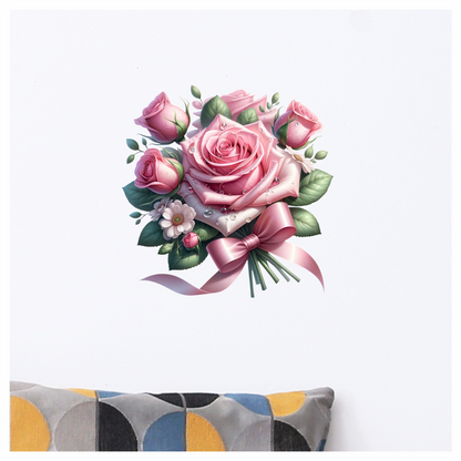 Pink Roses Flowers Leaves Ribbon Vinyl Sticker Decal