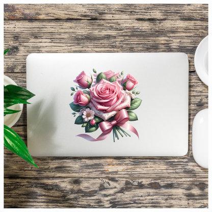 Pink Roses Flowers Leaves Ribbon Vinyl Sticker Decal