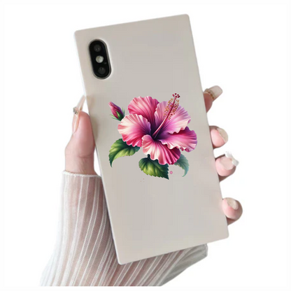 Pink Hibiscus Flower Green Leaves Vinyl Sticker Decal