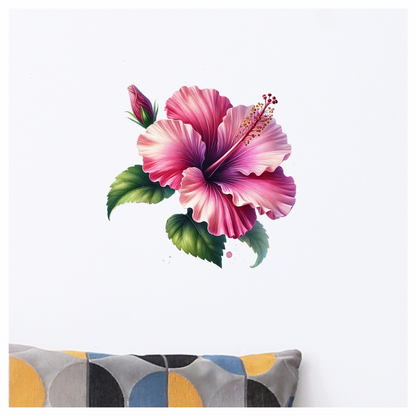 Pink Hibiscus Flower Green Leaves Vinyl Sticker Decal