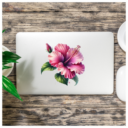 Pink Hibiscus Flower Green Leaves Vinyl Sticker Decal