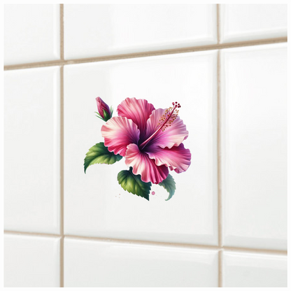 Pink Hibiscus Flower Green Leaves Vinyl Sticker Decal