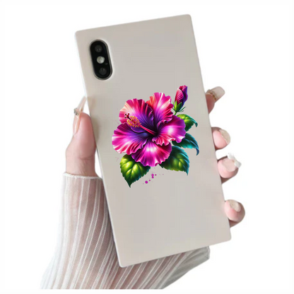 Pink Hibiscus Flower Green Leaves Vinyl Sticker Decal