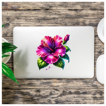 Pink Hibiscus Flower Green Leaves Vinyl Sticker Decal