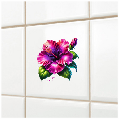 Pink Hibiscus Flower Green Leaves Vinyl Sticker Decal