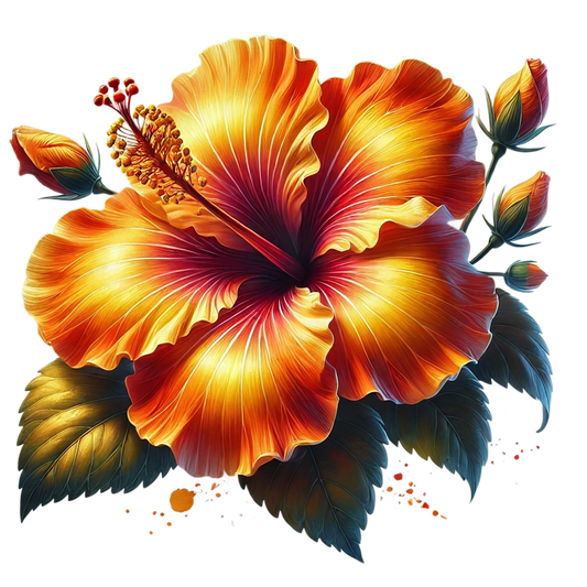 Orange Hibiscus Flower Green Leaves Vinyl Sticker Decal