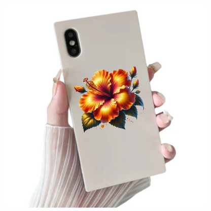Orange Hibiscus Flower Green Leaves Vinyl Sticker Decal