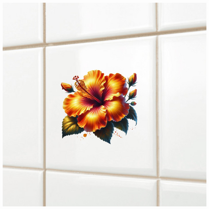 Orange Hibiscus Flower Green Leaves Vinyl Sticker Decal