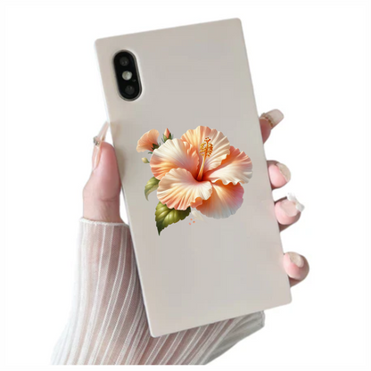 Peach Hibiscus Flower Green Leaves Vinyl Sticker Decal