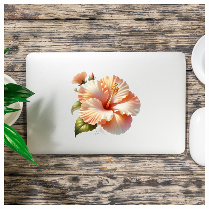 Peach Hibiscus Flower Green Leaves Vinyl Sticker Decal