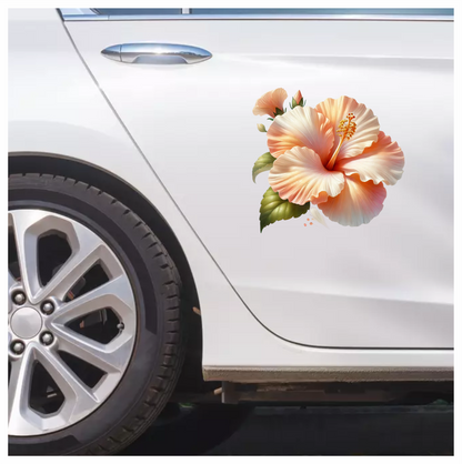 Peach Hibiscus Flower Green Leaves Vinyl Sticker Decal