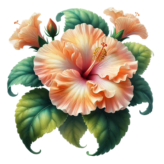 Peach Hibiscus Flower Green Leaves Vinyl Sticker Decal