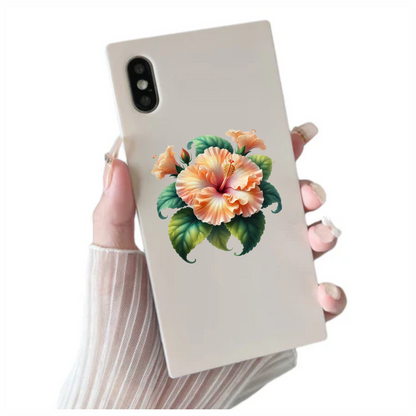 Peach Hibiscus Flower Green Leaves Vinyl Sticker Decal
