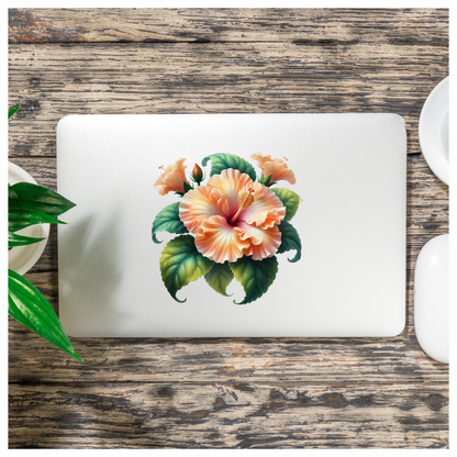 Peach Hibiscus Flower Green Leaves Vinyl Sticker Decal