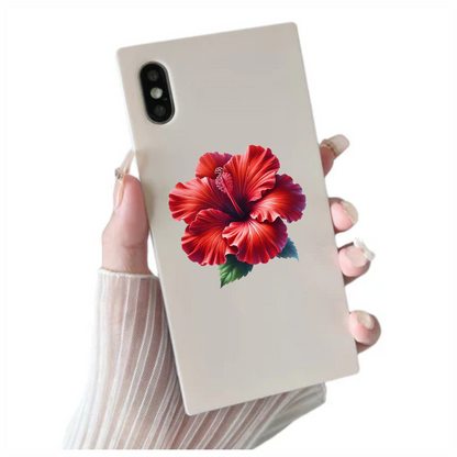 Red Hibiscus Flower Green Leaves Vinyl Sticker Decal