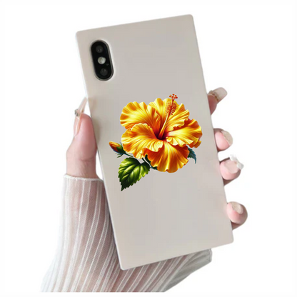 Yellow Hibiscus Flower Green Leaf Vinyl Sticker Decal