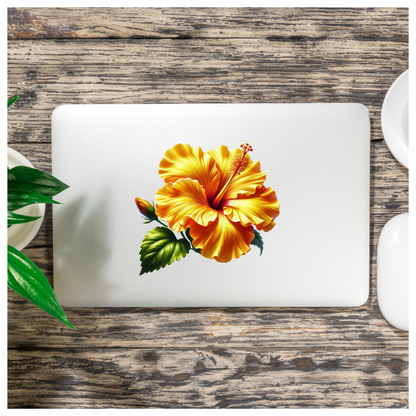Yellow Hibiscus Flower Green Leaf Vinyl Sticker Decal