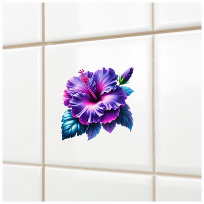 Purple Hibiscus Flower Green Leaves Vinyl Sticker Decal