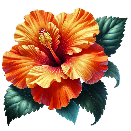 Orange Hibiscus Flower Green Leaves Vinyl Sticker Decal