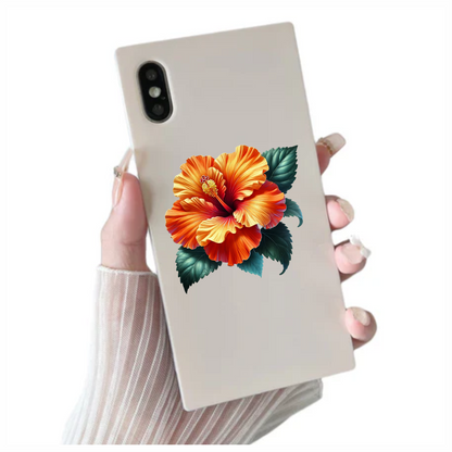 Orange Hibiscus Flower Green Leaves Vinyl Sticker Decal