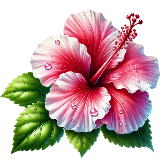 Pink Hibiscus Flower With Green Leaves Vinyl Sticker Decal