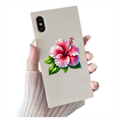 Pink Hibiscus Flower With Green Leaves Vinyl Sticker Decal