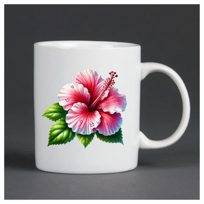 Pink Hibiscus Flower With Green Leaves Vinyl Sticker Decal