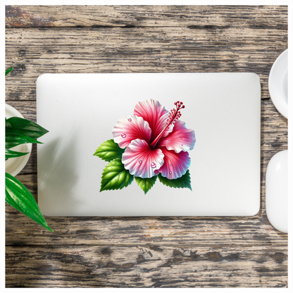 Pink Hibiscus Flower With Green Leaves Vinyl Sticker Decal