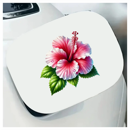 Pink Hibiscus Flower With Green Leaves Vinyl Sticker Decal
