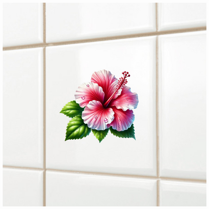 Pink Hibiscus Flower With Green Leaves Vinyl Sticker Decal