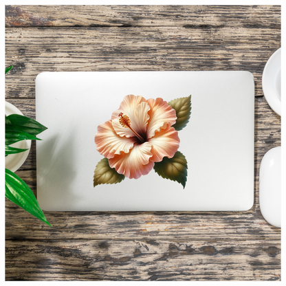 Peach Hibiscus Flower With Leaves Vinyl Sticker Decal
