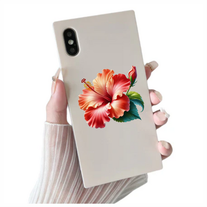 Red Hibiscus Flower Green Leaves Vinyl Sticker Decal
