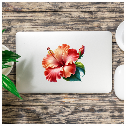 Red Hibiscus Flower Green Leaves Vinyl Sticker Decal