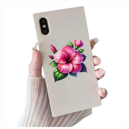 Pink Hibiscus Flower Green Leaves Vinyl Sticker Decal