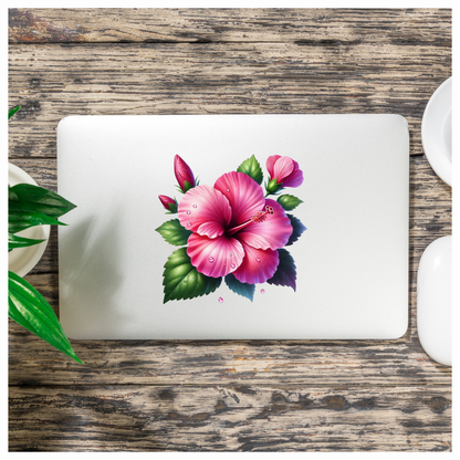 Pink Hibiscus Flower Green Leaves Vinyl Sticker Decal