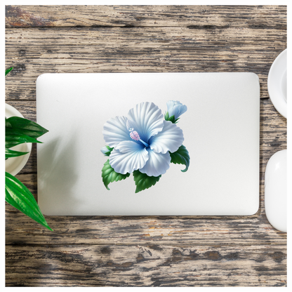 White Hibiscus Flower Green Leaves Vinyl Sticker Decal