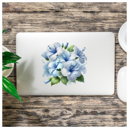 Blue Hibiscus Flowers Green Leaves Vinyl Sticker Decal