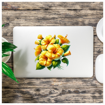 Yellow Hibiscus Flowers Green Leaves Vinyl Sticker Decal