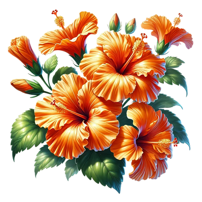 Orange Hibiscus Flowers Green Leaves Vinyl Sticker Decal