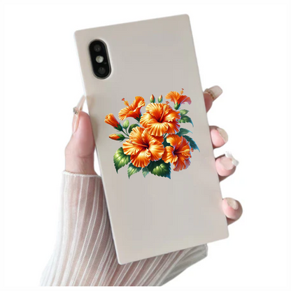 Orange Hibiscus Flowers Green Leaves Vinyl Sticker Decal