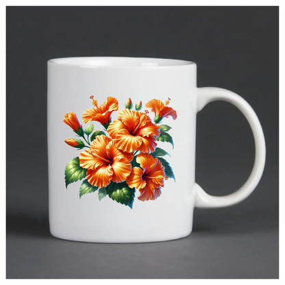 Orange Hibiscus Flowers Green Leaves Vinyl Sticker Decal
